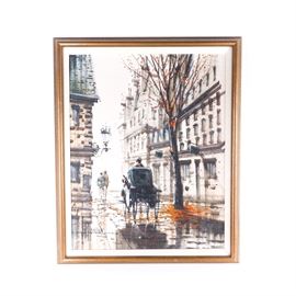 Lawrence Monier Oil Painting on Canvas: An original oil painting on canvas by Lawrence Monier. It depicts a carriage with driver on a wet street, beside a tall tree that has lost its orange leaves. Buildings rise on either side, and a couple walks ahead. It is signed in the lower right, and presented in a gold tone wooden frame.