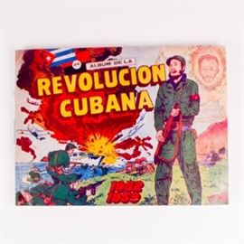 Complete 1960 Original "Album De La Revolution Cubana" Comic Book: A 1960 original “Album De La Revolucion Cubana”. The comic book was a piece of political advertising for young children in the 1960s. Fidel Castro is pictured on the front cover as a “God-like” figure to show his power over the attacking forces. The comic is complete with with each piece affixed to its corresponding part in the comic, and has a history of Fidel and the war throughout.