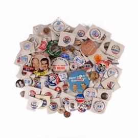 Collection of Over 100 Early 20th Century Campaign Pins: A collection of over a hundred 20th century campaign pins. The collection includes pins from the 1940’s to 1980’s in various shapes, sizes, colors, and presidential campaigns. Nixon, Kennedy, Rockefeller, Humphrey, Carter, Ike, Bunker, Muskie, and many others are included. Some pins include vintage advertising from companies contributing to each campaign including Kleenex.