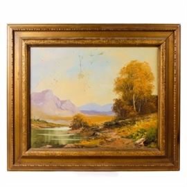 Signed Oil on Canvas Landscape: A signed oil on canvas landscape. The piece features surreal landscape with vibrant colors coming from the autumn foliage trees on right side to the river flowing in the foreground. In the background of the painting is a mountain range under a blue skyline. The piece is signed in the lower left corner illegibly and is housed inside a brown wooden frame.