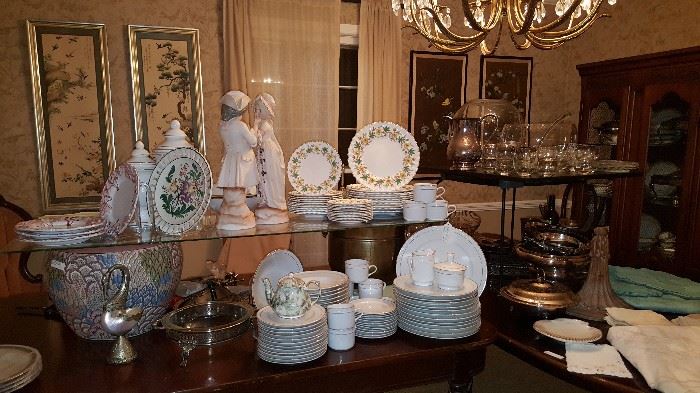 Dining Room with Two Tables LOADED with gorgeous porcelain and pottery, Silver, and Brass, even a Copper Wine Cooler