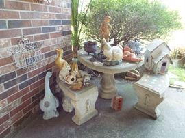 Garden table & benches & more yard art
