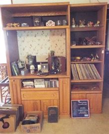 Entertainment center, CD's, DVD's, vintage records.