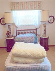 Mid-century twin bed, barrel tables & lamps