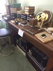 Desk; coin holders; office supplies; vintage stool