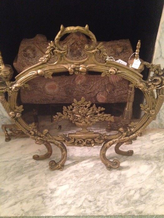 Exquisite antique French firescreen; brass andirons