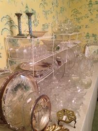 Lovely variety of silver plate trays and crystal