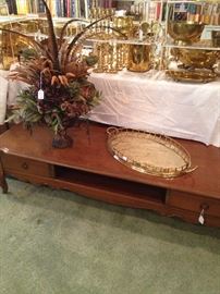 French Provencial extra long coffee table, brass tray, and floral arrangement