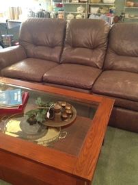 Brown 3-cushion sofa; Mission Style 2- tiered coffee table