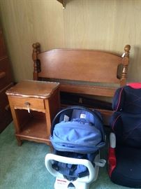 Twin bed and nightstand; baby carrier and carseat