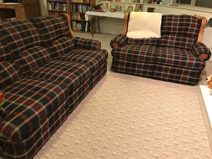Very Nice Green and Red Plaid Couch and Love Seat 
