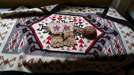 navajo rug....leather gauntlet gloves....basket