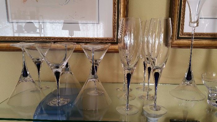 Orrefors 'Intermezzo' stemware with cobalt blue drops - martini and champagne flutes.... first candleholder >> BTW, we have many of the original boxes for this stemware