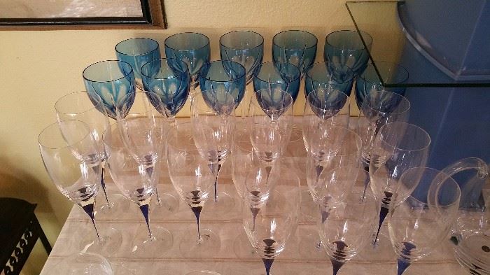 Gorham crystal - blue and crystal cased stemware.... Orrefors 'Intermezzo' stemware with cobalt blue drops