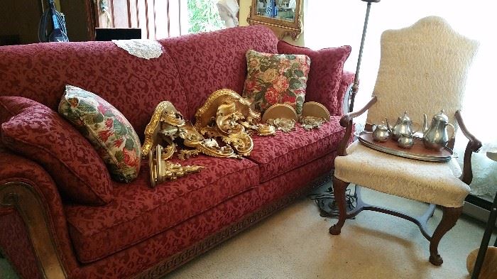 Laura Ashley sofa...beautiful upholstered arm chair (1 of 2)...elaborate gold gilt wall shelves, needing TLC