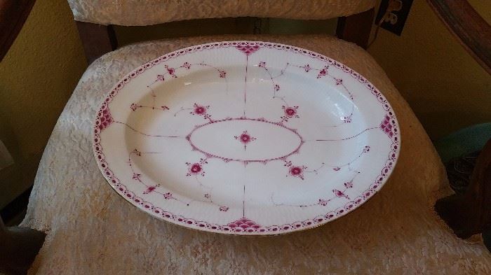 VERY RARE!  Royal Copenhagen 'Ruby Red' Fluted half lace oval platter, aka 'Royal Purple'.  Very old mark 3 line wave mark, no other markings