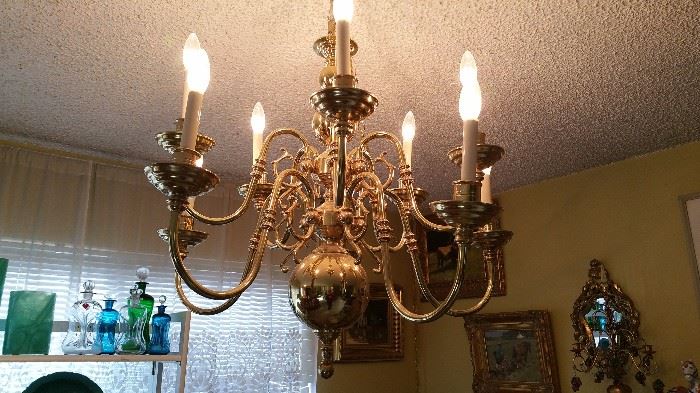 elaborate brass chandelier, wired as swag lamp and so we can sell it!