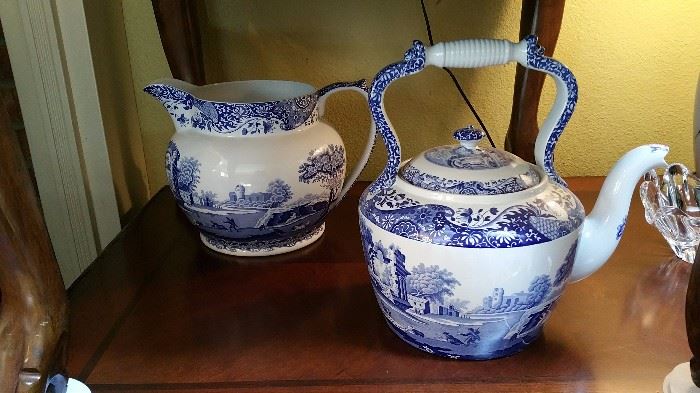 Spode blue Italian oversize pitcher and teapot, both newer pieces