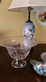 orrefors etched bowl...Royal Copenhagen table lamp, 1 of 2