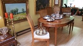 Dining set with 4 chairs and 2 leaves....silver plate serving pieces
