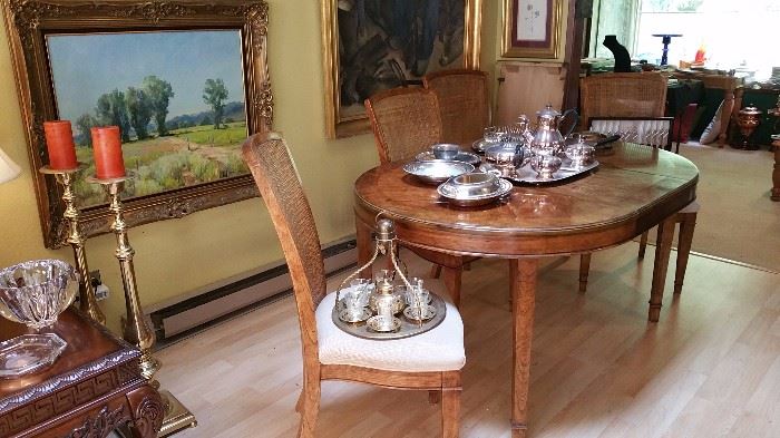 Dining set with 4 chairs and 2 leaves....silver plate serving pieces