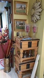 2 matching Danish pine side stands with metal decor