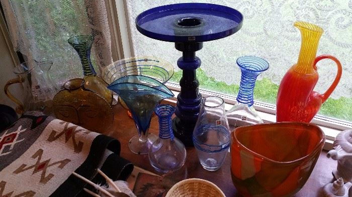 mostly Blenko glassware, also Nachtmann and Nuutajarvi Finland glass cobalt 'lily pad' table / candleholder