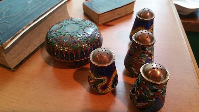 vintage cloisonne box and shakers