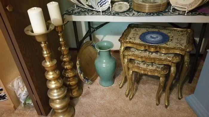 3' brass candleholders....plastic italian style tables