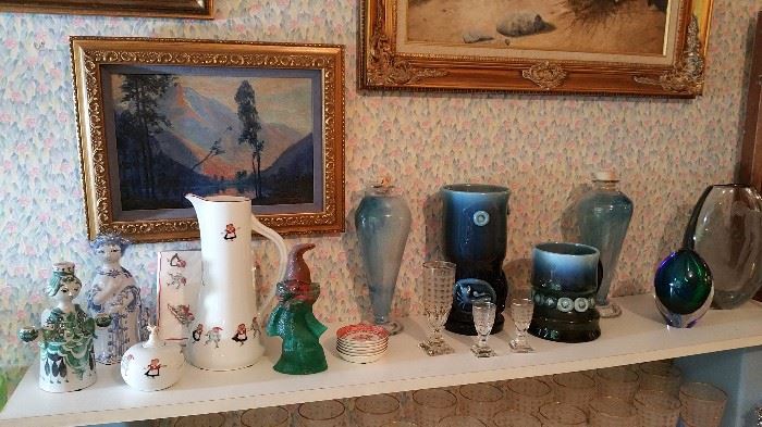 scandinavian pottery figurines....porcelain with gnome / tompke / brownie decor....glass gnome, likely Kosta...kosta vases....Russian? hand blown glass vases....Kosta, Orrefors