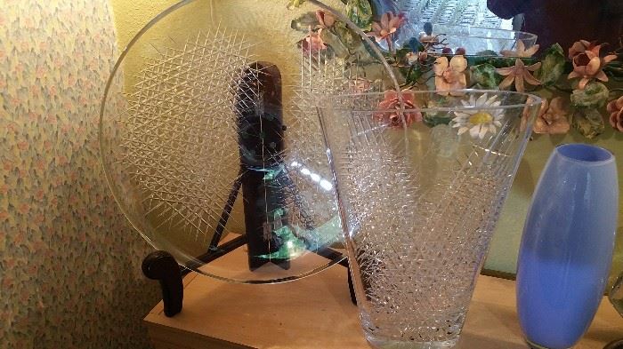 Orrefors HUGE cut crystal charger and vase by Ingeborg Lundin