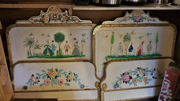 fabulous set of 2 twin beds that are handpainted depicting the wedding of Emoress Carlota - siderails and everything - how perfect for a little girls room!
