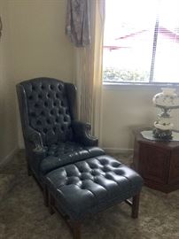 Leather Chair & Matching ottoman  End tables and Vintage Lamp (One of Two)