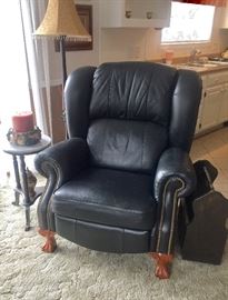 Real Leather with Claw Feet recliner (Originally sold for $848) , Marble Top table , magazine Holder 