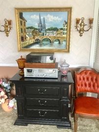 3 Drawer Chest , Sconces throughout the home , Canvas painting ,Tall Amber Fenton Candy Dish