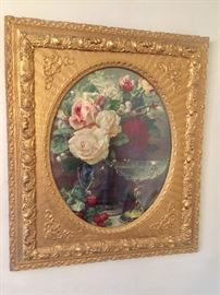 Antique Print with Pink Roses 