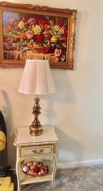 French Provincial Night stand , Gorgeous Art , Carved fruit  and Heavy Brass Lamp  