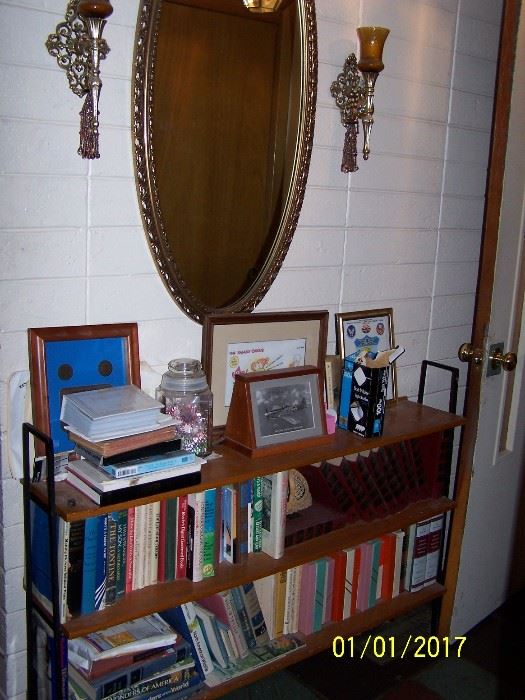 vintage large Oval Mirror with matching Candle Holders, metal Bookcase and misc.  