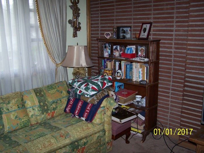 vintage wall decor, Sofa, Lamp,  Bookcase and Books,  and misc.