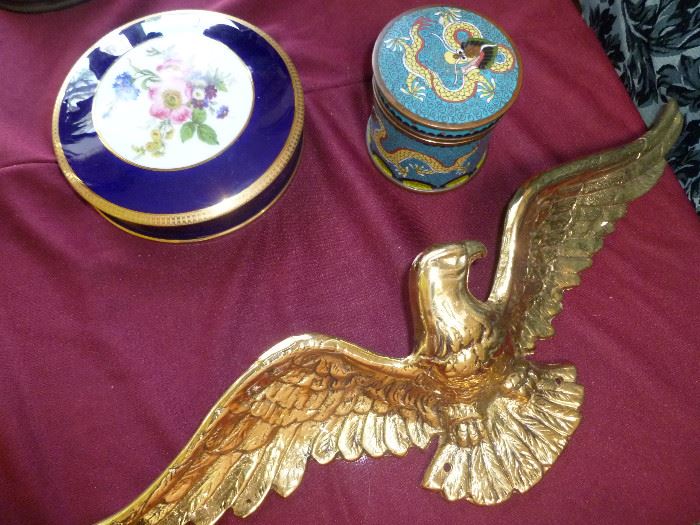 Limoges porcelain covered box, cloisonne tea box,. brass eagle