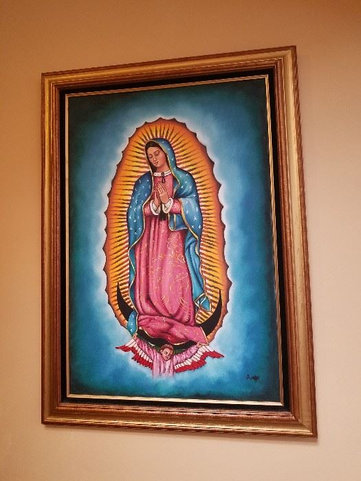 FRAMED PAINTED LARGE OUR LADY OF GUADULPE