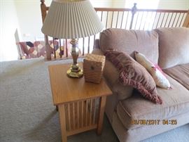 Oak spindle end table and brass lamp