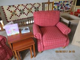 Pair of Two Check Fabric Club Chairs (was  SOLD on line prior too the ONE DAY SALE.                                     Three stacked wooden tables are still in the Sale