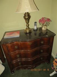 Pair of Three drawer serpentine style chest with stone tops part of bedroom set or sold separately as a pair