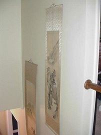 Pair of spectacular silk scrolls in stairwell--hand-painted Japanese scenes, pre WWII