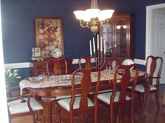 Dining room, traditional mahogany furniture with Queen Anne style chairs, mahogany server, and Corner China Cabinet--obi silk runner, and dining room accessories and serving pieces