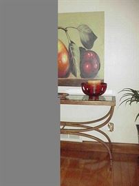 Metal and glass console table and stretched canvas giclee of pear 