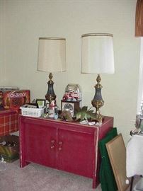 Pair of Stieffel Lamps and Chinese red console chest