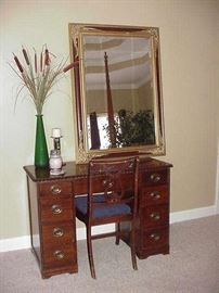 Knee-hole desk and lyre back chair; mirror