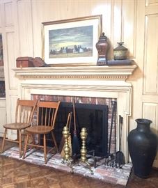 Pair of Nichols & Stone side chairs, Brass Andirons, & Cast Iron Fire Tools.